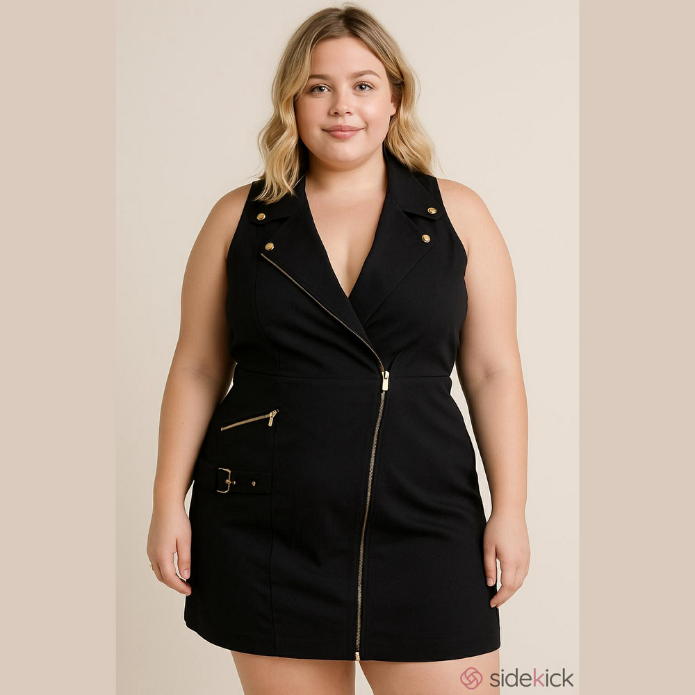 Ashley Stewart Indie Moto Dress Belt Detail Sleeveless Sheath Mini Black 14W